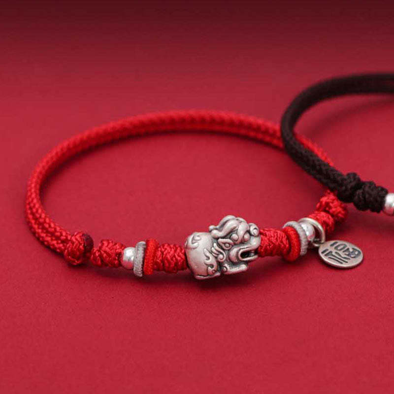 925 Sterling Silver PiXiu Fu Character Wealth Luck Handmade Braided Bracelet