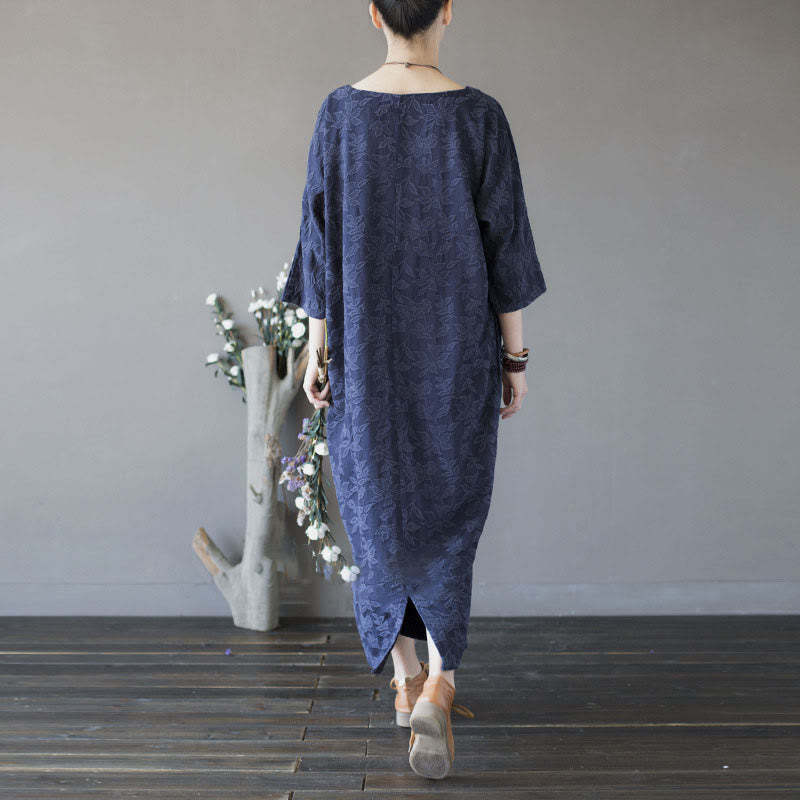 Blue Flowers Embroidery Jacquard Midi Dress Three Quarter Sleeve Cotton Dress With Pockets