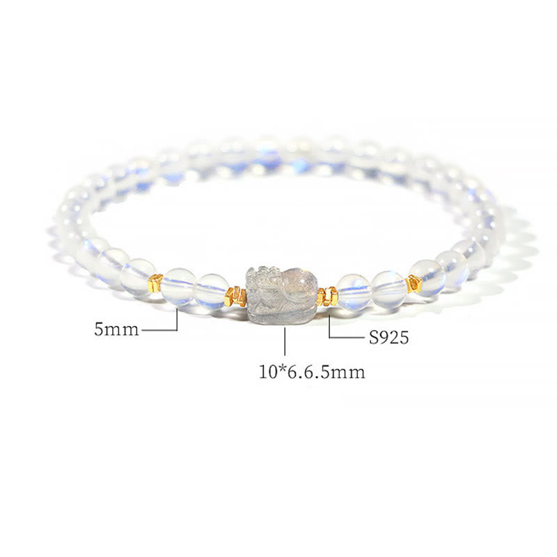 925 Sterling Silver Plated Gold Natural Moonstone PiXiu Healing Bracelet