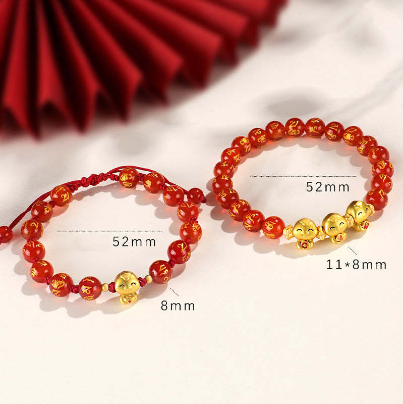 Red Agate Black Onyx Bead Copper Year Of The Snake Fu Character Om Mani Padme Hum Happiness Bracelet
