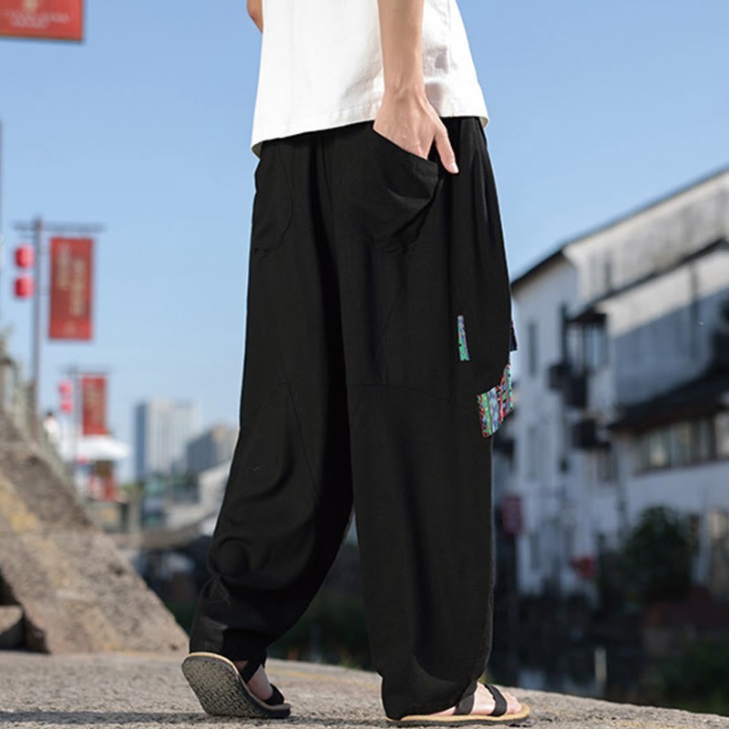 Simple Patchwork Design Drawstring Cotton Men's Wide Leg Pants With Pockets
