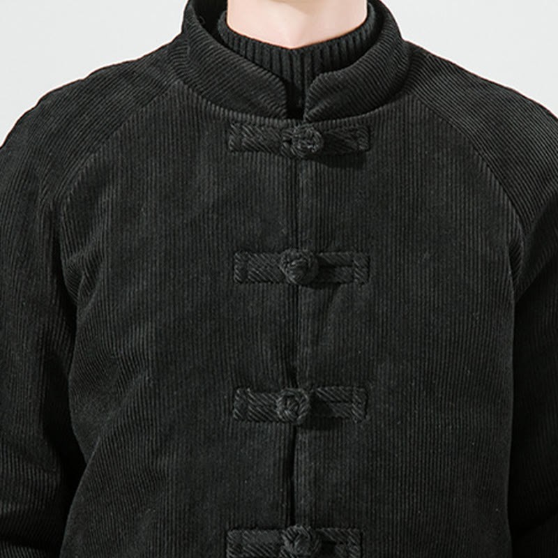 Frog-Button Chinese Tang Suit Stand Collar Long Shirt Corduroy Men Cotton Jacket Clothing