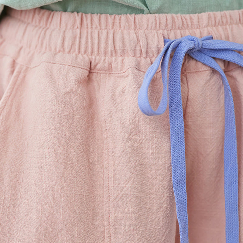 Casual Plain Loose Rope Women's Cotton Linen Pants With Pockets