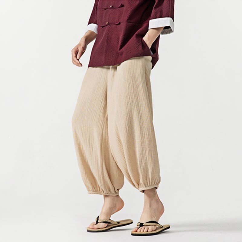 Soft Solid Color Drawstring Cotton Men's Pants With Pockets