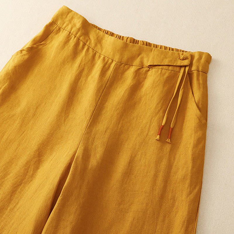 Casual Plain High Waist Women's Cotton Linen Wide Leg Pants With Pockets
