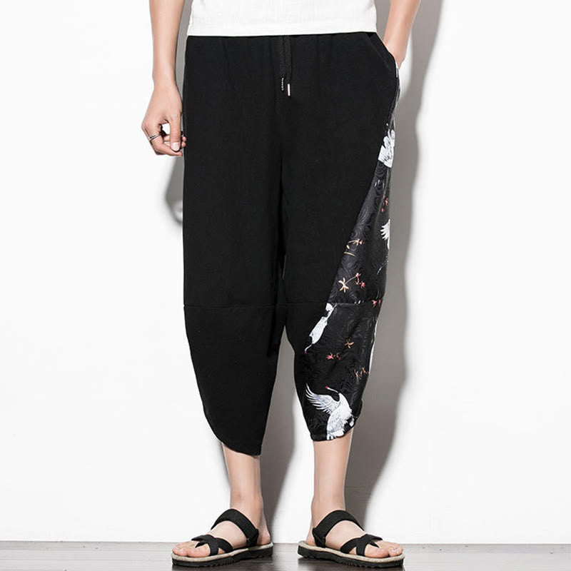 White Crane Print Cotton Men's Cropped Harem Pants With Pockets
