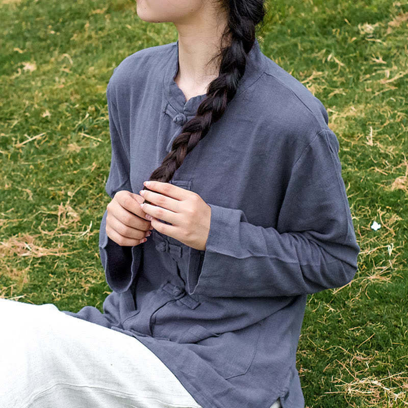 Solid Color Frog-button Long Sleeve Cotton Linen Women's Shirts With Pockets