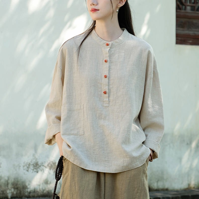 Solid Color Loose Button Blouse Long Sleeve Shirt Top