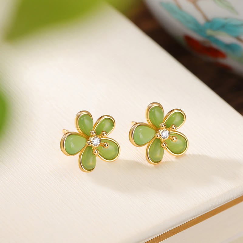 925 Sterling Silver Hetian Jade Flower Design Abundance Luck Earrings