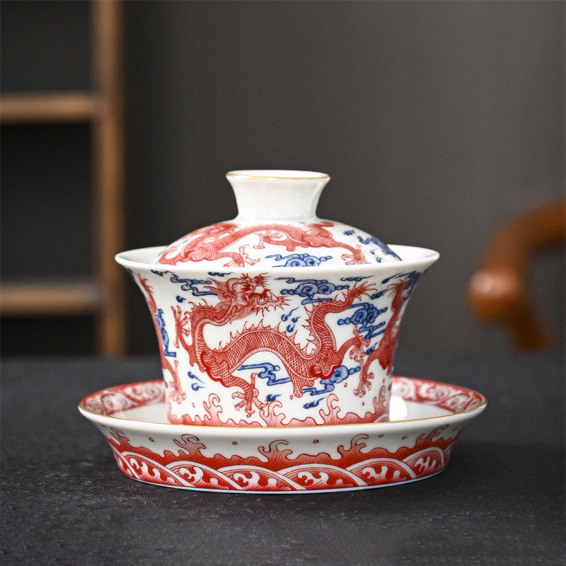 Jingdezhen Dragon Phoenix Pavilion Pine Flower Ceramic Gaiwan Sancai Teacup Kung Fu Tea Cup And Saucer With Lid 170ml