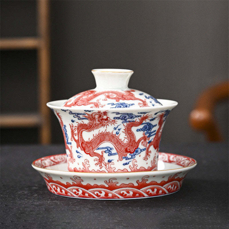 Jingdezhen Dragon Phoenix Pavilion Pine Flower Ceramic Gaiwan Sancai Teacup Kung Fu Tea Cup And Saucer With Lid 170ml