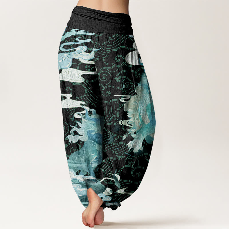PiXiu Auspicious Clouds Pattern Women's Elastic Waist Harem Pants