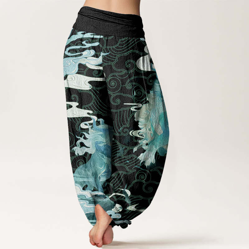 PiXiu Auspicious Clouds Pattern Women's Elastic Waist Harem Pants
