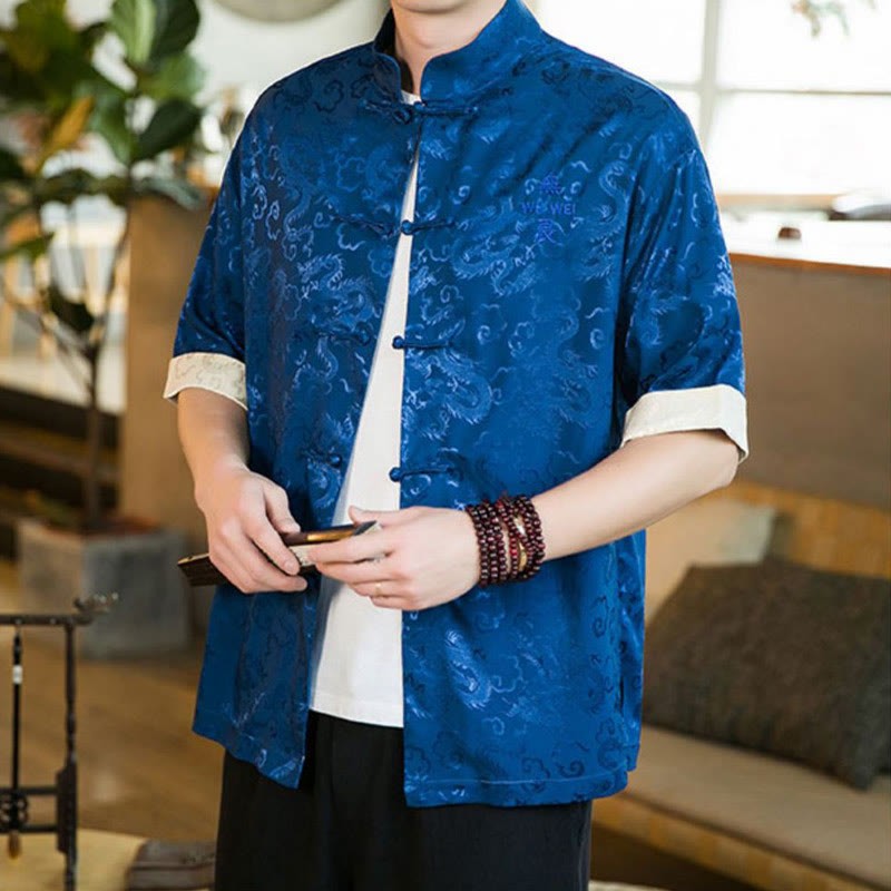 Chinese Tang Suit Frog-button Dragon Print Men's Half Sleeve Shirts