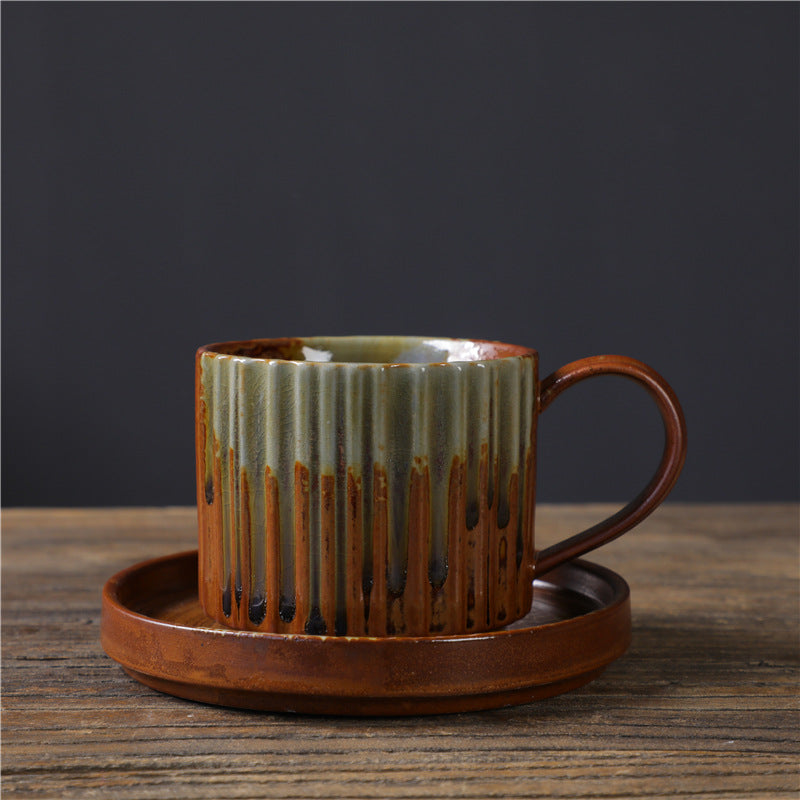 Retro Striped Kiln Change Ceramic Coffee Mug Rough Pottery Tea Coffee Cup With Saucer 250ml