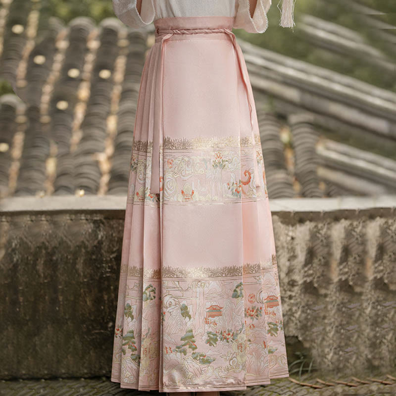 Chinese Hanfu Pink Peach Garden Printed Horse Face Skirt Mamianqun