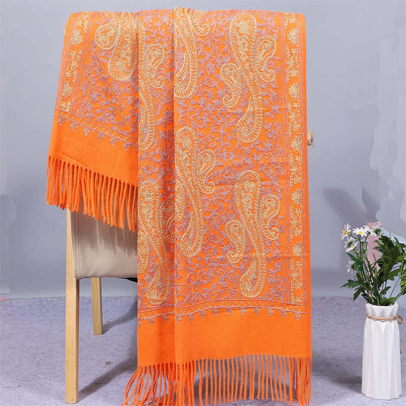 Rayon Fabric Shawl Golden Cashew Flowers Embroidery Tassel Winter Cozy Travel Scarf Wrap