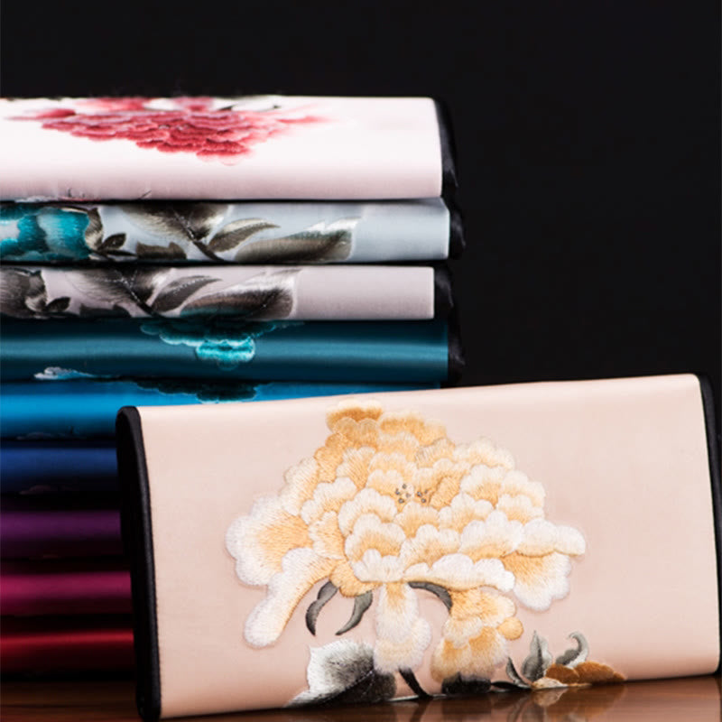 Peony Flower Su Embroidery Journey Shopping Long Purse Handbag
