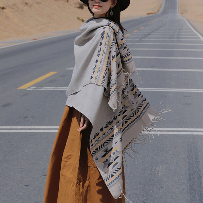 Tibetan Geometric Rhombus Pattern Tassels Shawl Fall Winter Warm Cozy Scarf Wrap