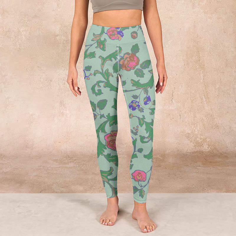 Green Red Roses Green Leaves Print Gym Leggings Women's Yoga Pants