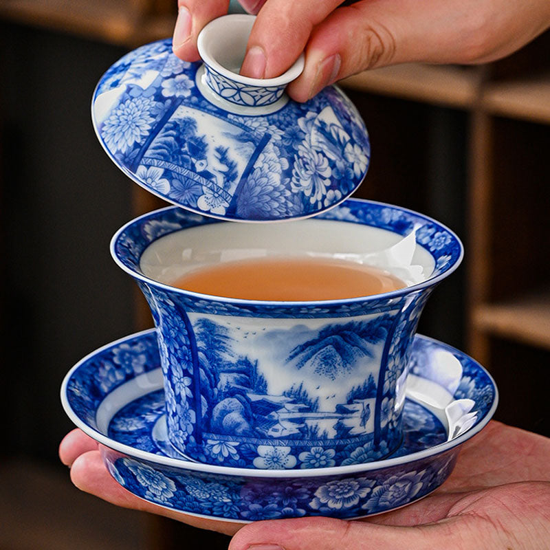 Jingdezhen Dragon Phoenix Pavilion Pine Flower Ceramic Gaiwan Sancai Teacup Kung Fu Tea Cup And Saucer With Lid 170ml
