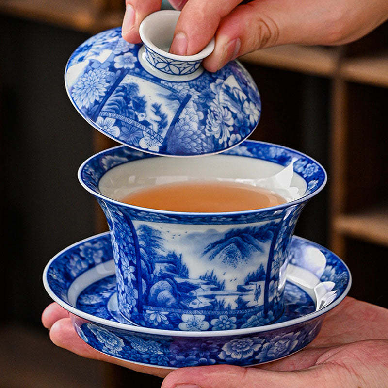 Jingdezhen Dragon Phoenix Pavilion Pine Flower Ceramic Gaiwan Sancai Teacup Kung Fu Tea Cup And Saucer With Lid 170ml