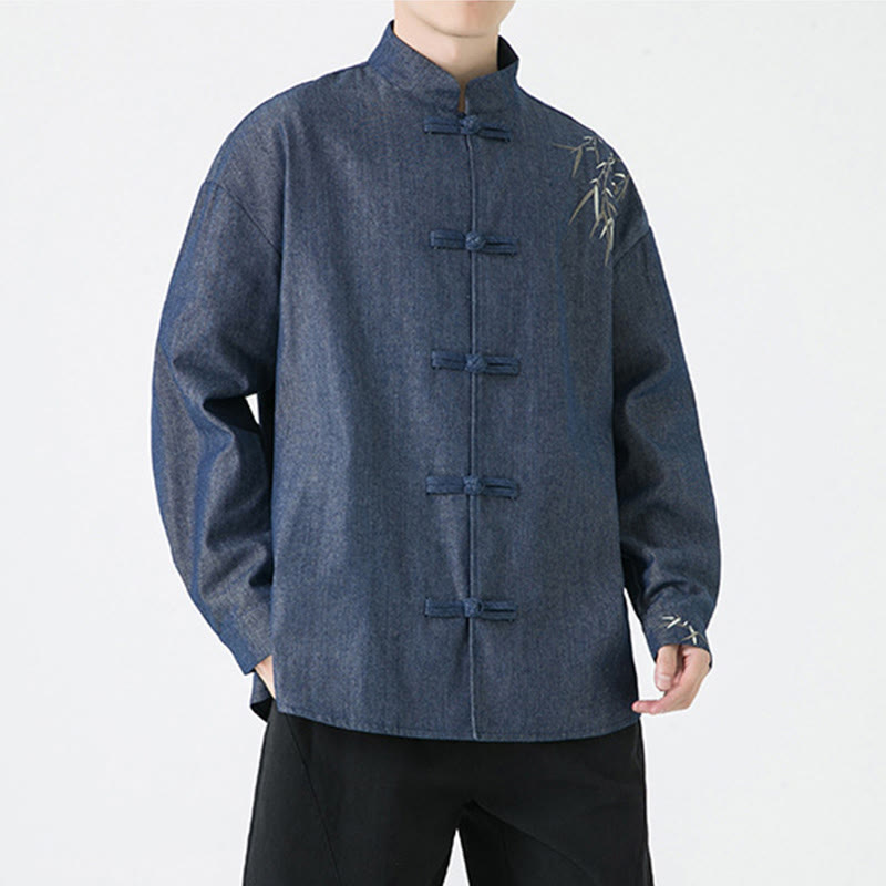 Bamboo Leaves Design Frog-button Tang Suit Cotton Men's Jacket Shirt