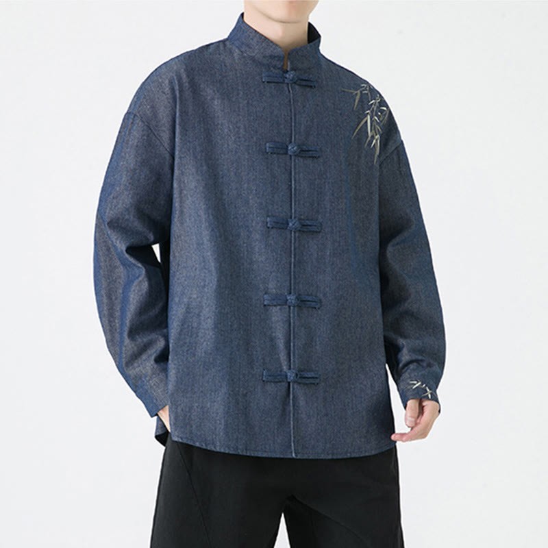Bamboo Leaves Design Frog-button Tang Suit Cotton Men's Jacket Shirt