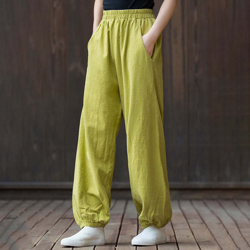 Casual Solid Plain Color Carrot Elastic Waistband Cotton Ramie Women's Pants With Pockets