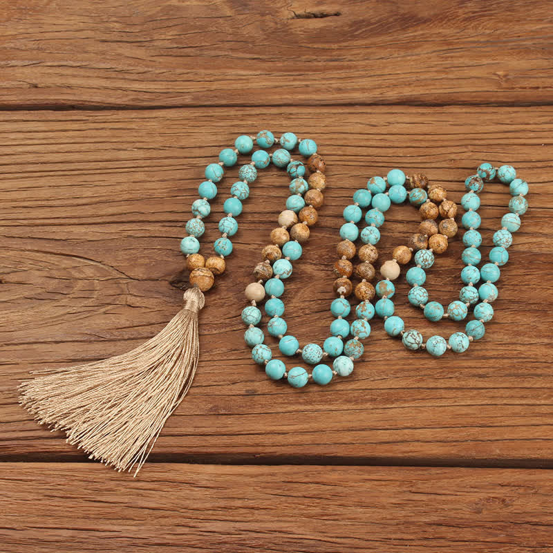 108 Mala Beads Turquoise?Picture Jasper Wisdom Tassel Bracelet