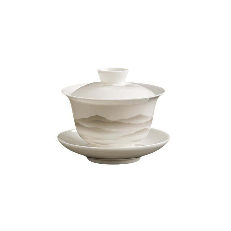 Vintage Ink Painting Mountain White Porcelain Ceramic Gaiwan Sancai Teacup Kung Fu Tea Cup And Saucer With Lid Tea Utensil Teapot