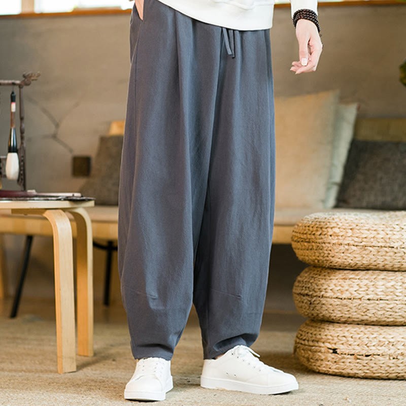 Solid Color Cotton Linen Drawstring Men's Harem Pants With Pockets