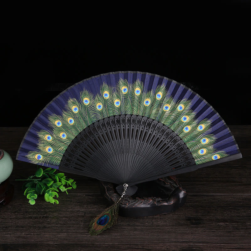 Peacock Feather Handheld Bamboo Folding Fan 21.5cm