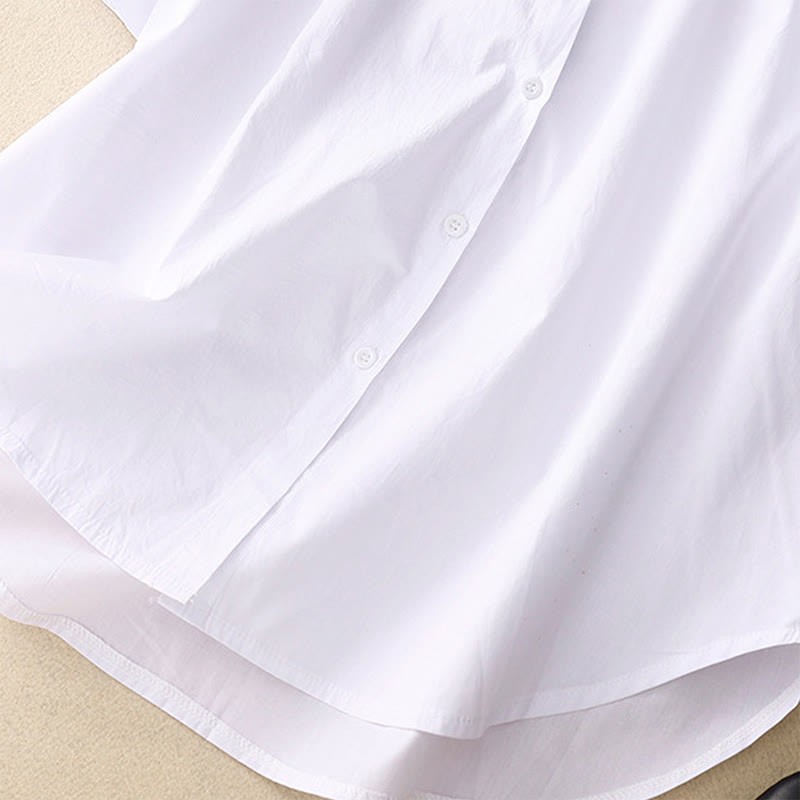 Summer Solid Color Embroidery Plants Flower Three Quarter Sleeve Lapel Button Cotton Women's Shirt