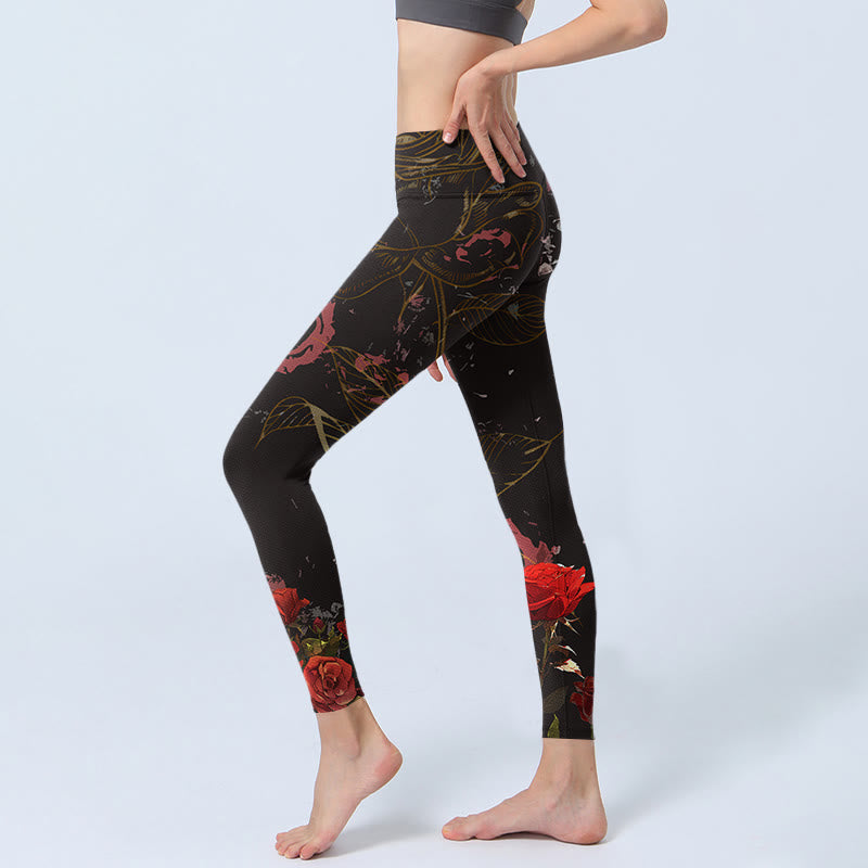 Red Roses Print Gym Leggings Women's Yoga Pants