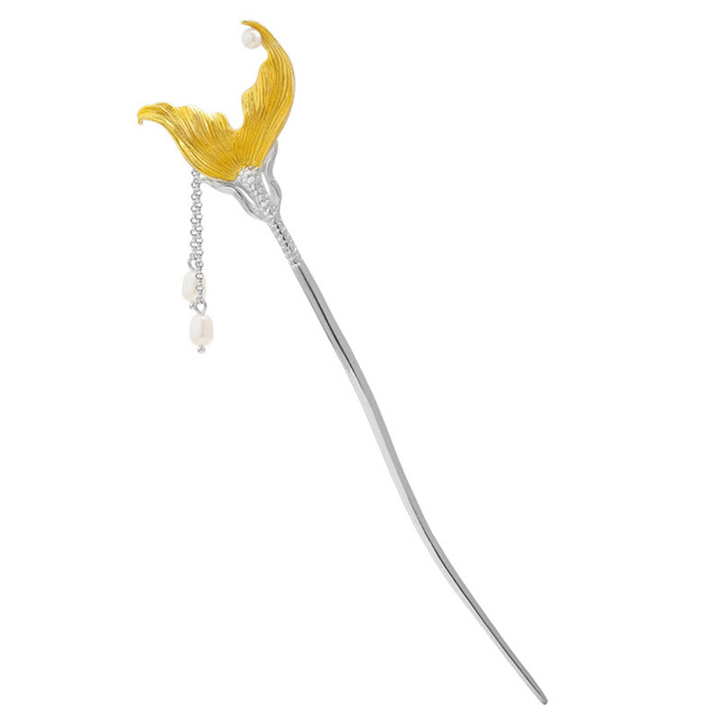 925 Sterling Silver Classical Chinese Style Fish Tail Pearl Tassel Calm Hairpin