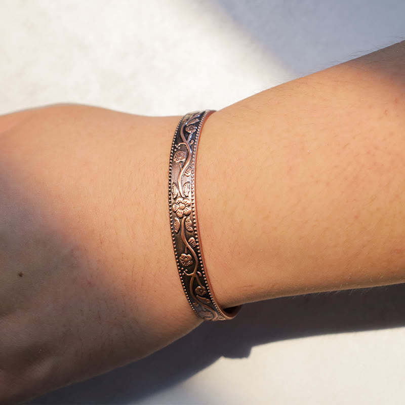 Floral Magnetic Copper Adjustable Cuff Bracelet Bangle