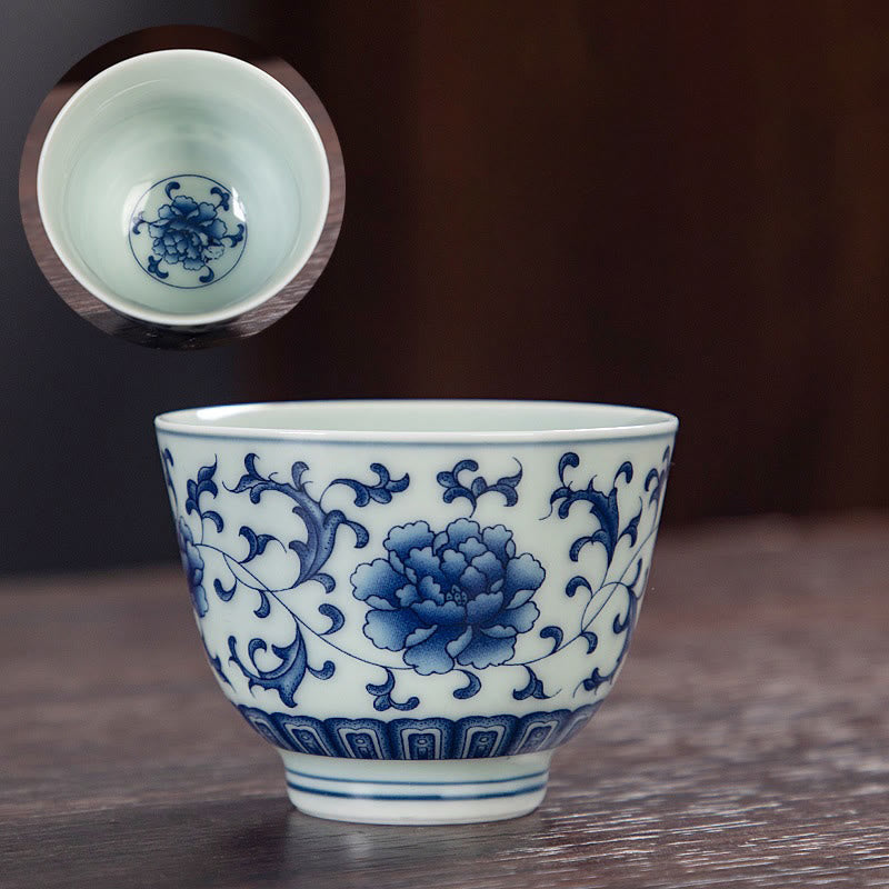 Blue Landscape Mountains Lotus Cute Cat Pavilions Magnolia Reed Egrets Ceramic Teacup Small Kung Fu Tea Cup