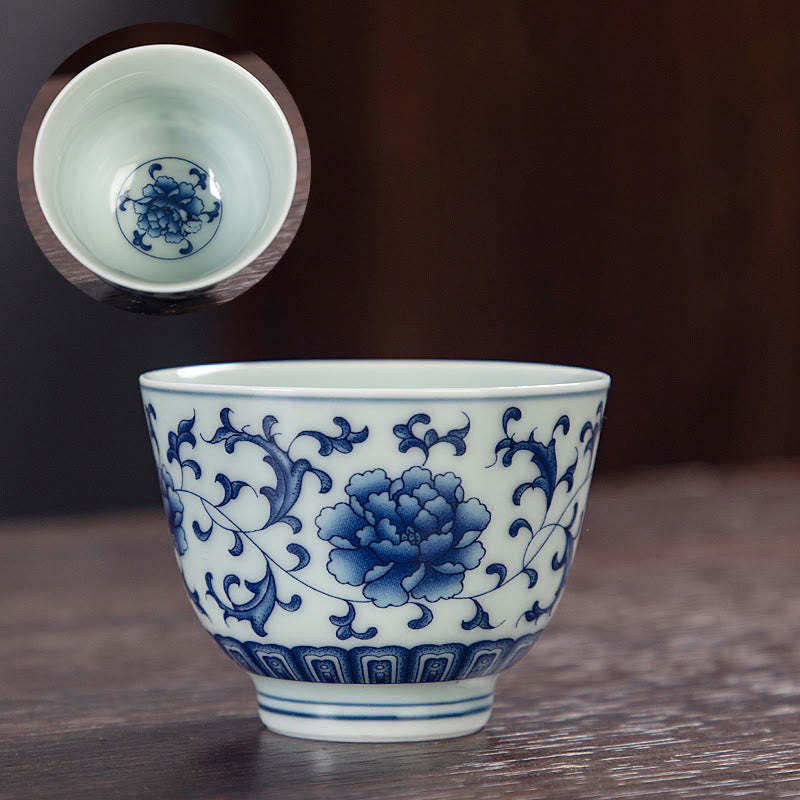 Blue Landscape Mountains Lotus Cute Cat Pavilions Magnolia Reed Egrets Ceramic Teacup Small Kung Fu Tea Cup