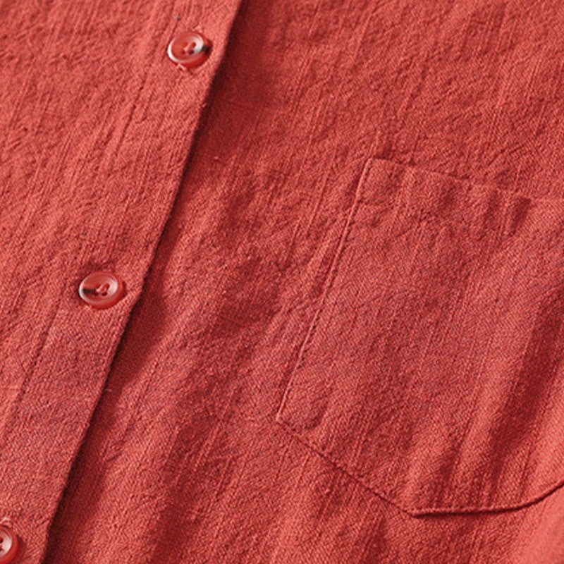 Casual Women's Loose Standing Collar Long Sleeve Design Plain Cotton Linen Shirt
