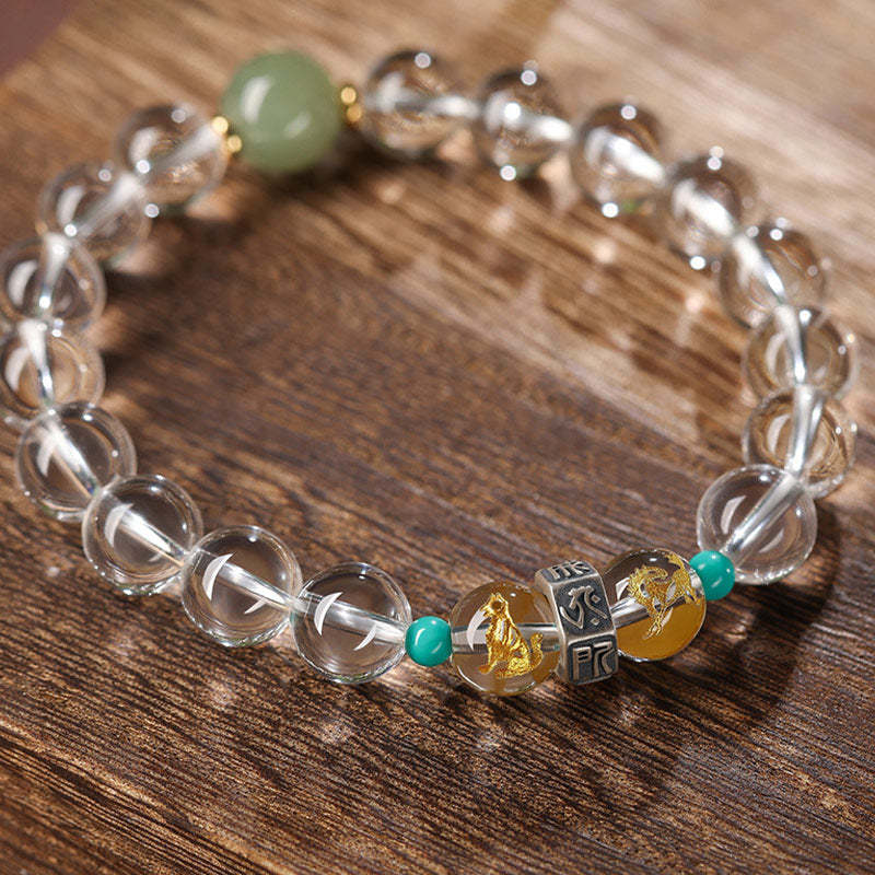 925 Sterling Silver Chinese Zodiac Natal mystic zen Auspicious Groups White Crystal Hetian Jade Healing Bracelet