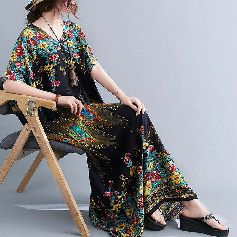 Casual Loose Printing Flower Pattern V-Neck Half Sleeve Design Polyester Midi Dress With Pockets