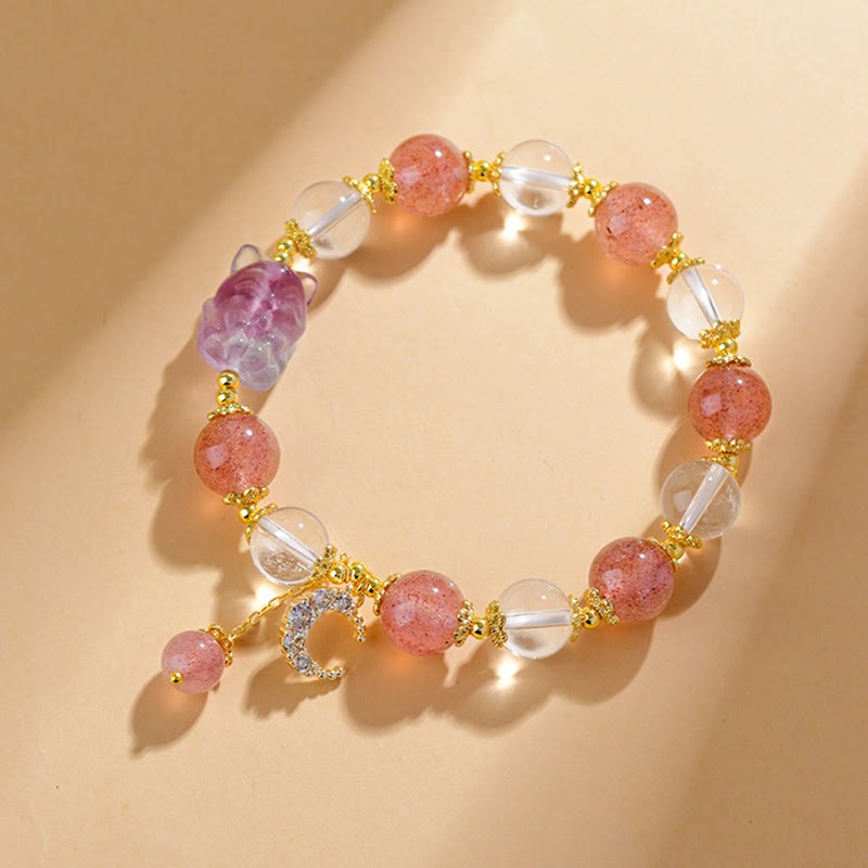 Natural White Strawberry Quartz Crystal Healing Love Nine-tailed Fox  Moon Pendant Bracelet