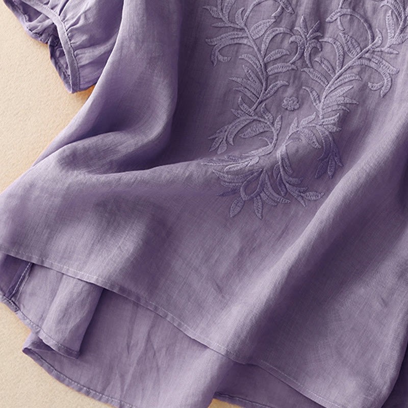 Vintage Casual Pure Leaf Embroidery V-Neck Half Sleeve Cotton Linen Women's T-Shirt