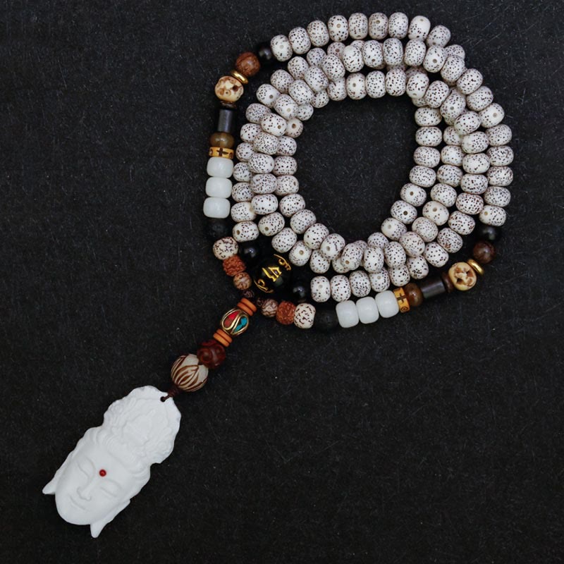 108 Mala Beads Bodhi Seed Yak Bone Avalokitesvara Lucky Pixiu Guan Gong mystic zen Demon Peace Tassel Bracelet
