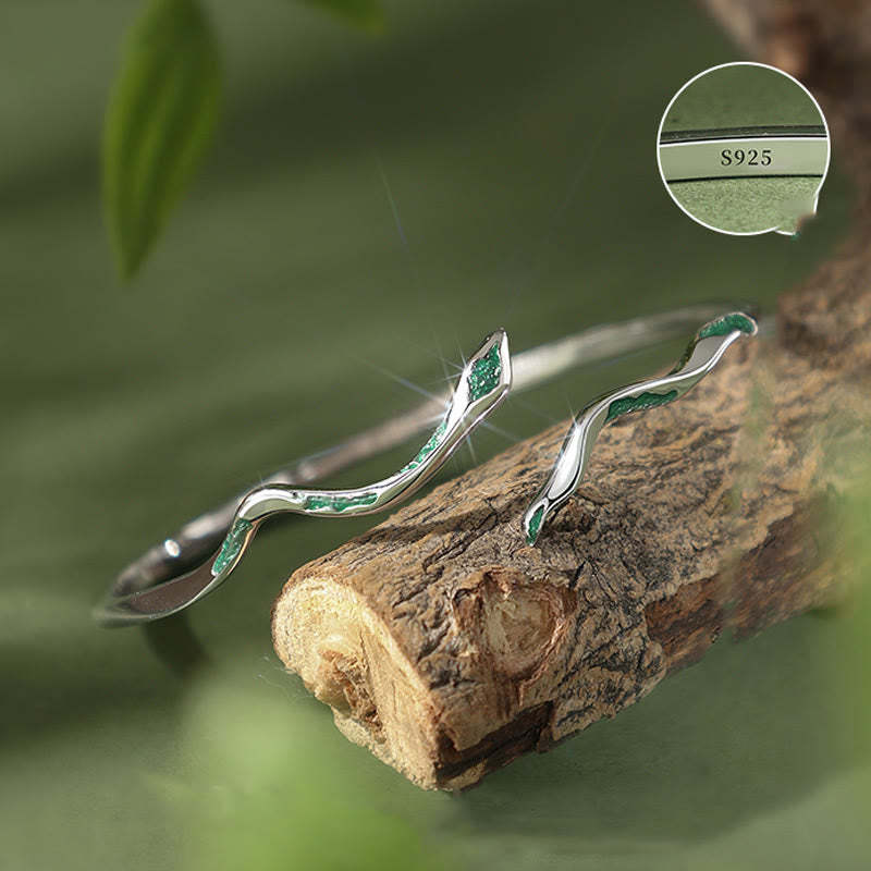 925 Sterling Silver Green Snake Enamel Craft Year Of The Snake Calm Cuff Bracelet Bangle