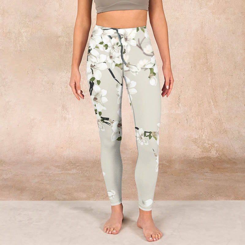 White Magnolia Flower Print Sports Fitness Leggings Women's Yoga Pants