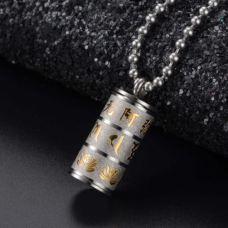 Tibetan Om Mani Padme Hum Lotus Pattern Prayer Wheel Titanium Steel Peace Necklace Pendant
