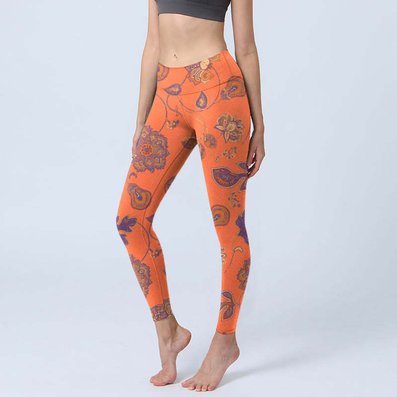 Orange Maple Leaves Flowers Print Gym Leggings Women's Yoga Pants
