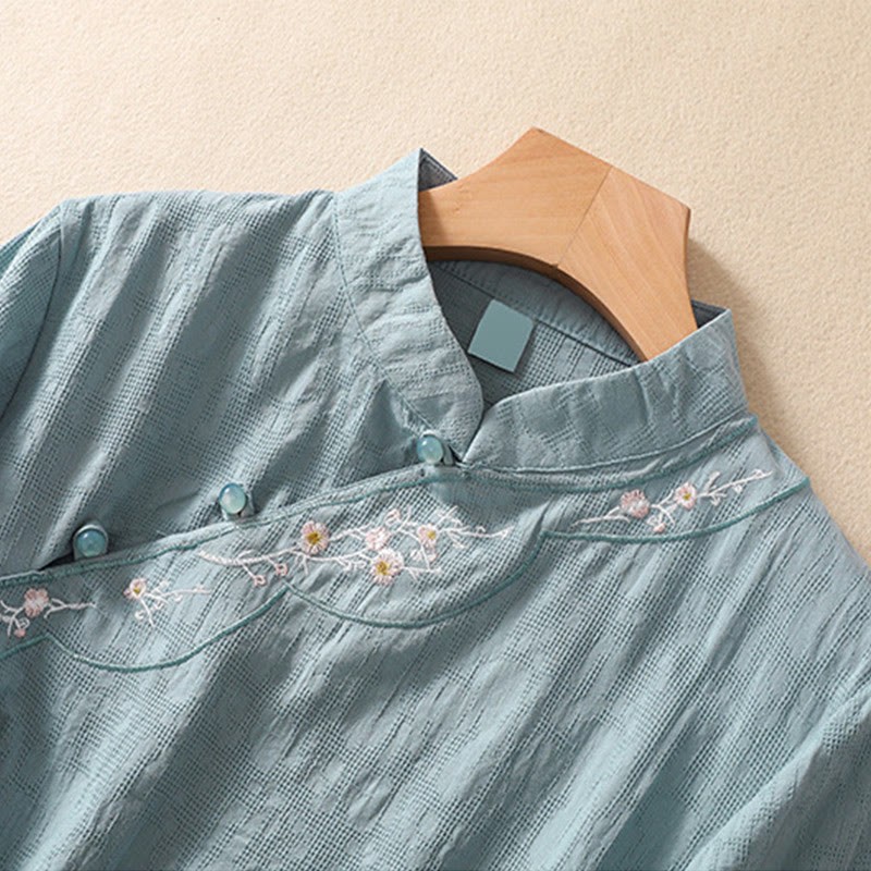 Plum Blossom Embroidery Frog-Button Short Sleeve Cotton Linen Shirt